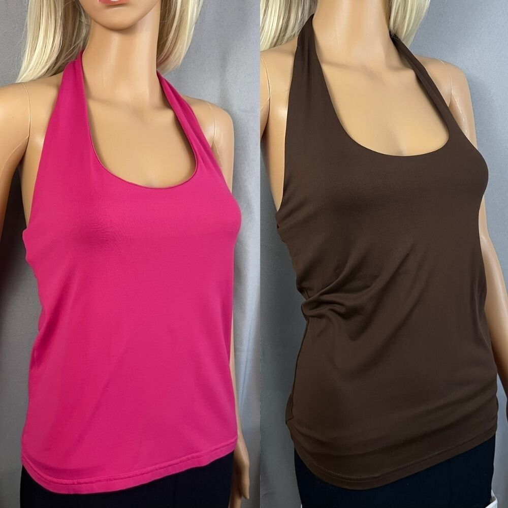 Lot Of 2 Elliot Lauren Natter Top Womens XS Brown Pink Stretch Nylon Halter Neck